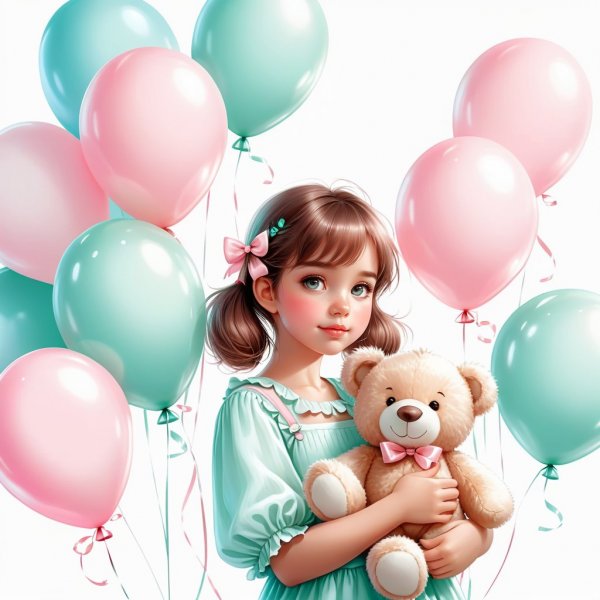Милая девочка с плюшевым мишкой и воздушными шарами на нежном фоне. Изображение из нейронной сети Stable Diffusion