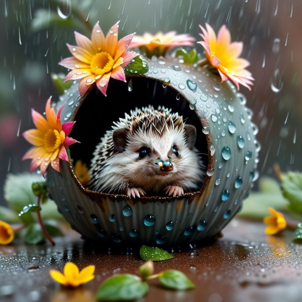 Миниатюрный мир Диснея: маленький еж под цветком в дождливый день. Нейронная сеть Stable Diffusion