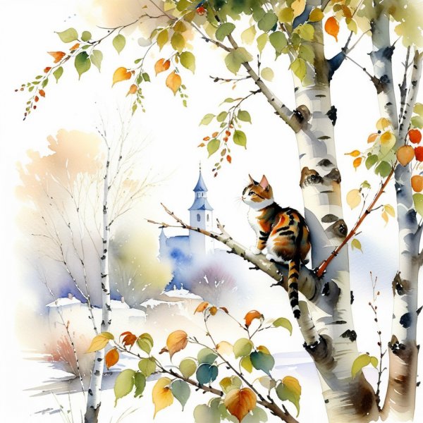 Тихая терраса: кот наблюдает за воробьем на березе в стиле Уильяма Коулмана. Изображение из нейросети Stable Diffusion