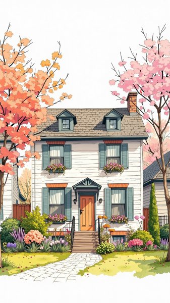 Очарование рядовых домов: уютная иллюстрация в стиле коттеджкор с цветами. Изображение из нейронной сети Flux.1