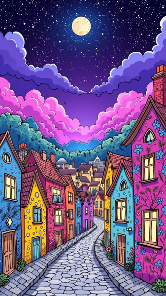 Сказочный городок под фиолетовым небом: цифровое искусство в стиле Анны Гармашовой. Нейронная сеть Flux Ai