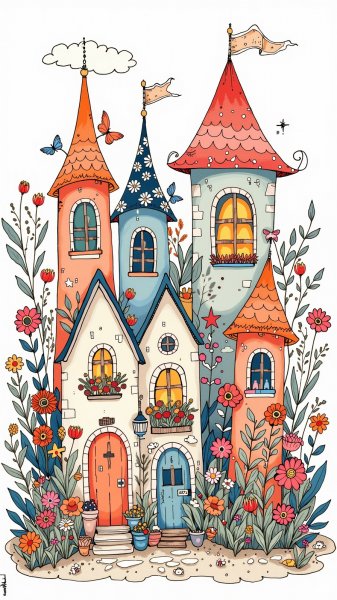 Сказочные дома в наивном стиле с яркими цветами и узорами. Генерация из нейронной сети Flux Ai