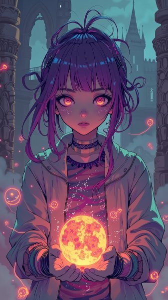 Загадочная девушка с фиолетовыми волосами и светящейся сферой в замке. Нейросеть Flux