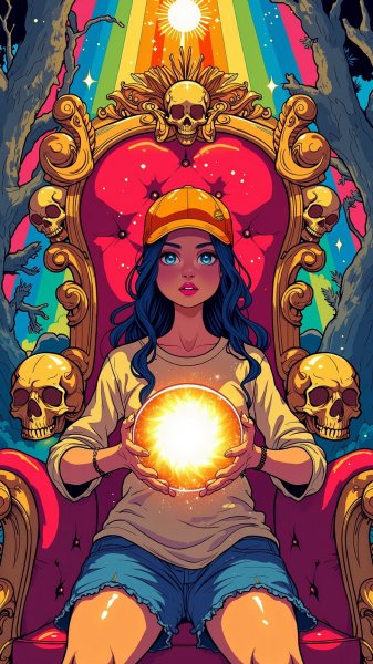 Волшебница на красном троне в лучах радуги и тайны старых деревьев. Генерация из нейронной сети Flux Ai