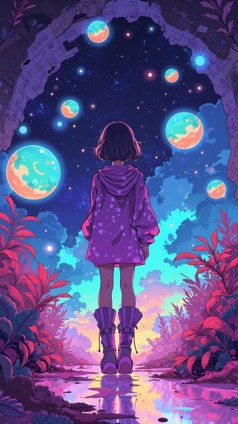 Загадочная девушка в фиолетовых космических сапожках и мерцающей блузке среди звезд. Изображение из нейросети Flux 1