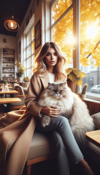 Осеннее настроение: кэжуал шик в уютном кафе с кошкой на коленях. Изображение из нейронной сети Dalle