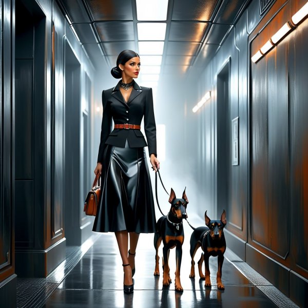 Женщина с доберманом в темном корабле: фантастический реализм и детализированный стиль. Картинка из нейронной сети Стейбл Дифьюжен