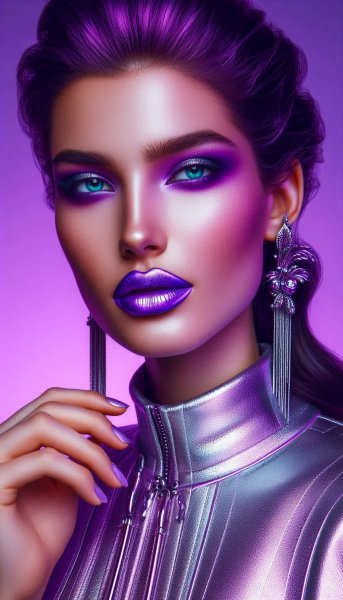 Яркий образ: фиолетовые губы и серебряный акцент в модельном портрете. Нейронная сеть Dalle