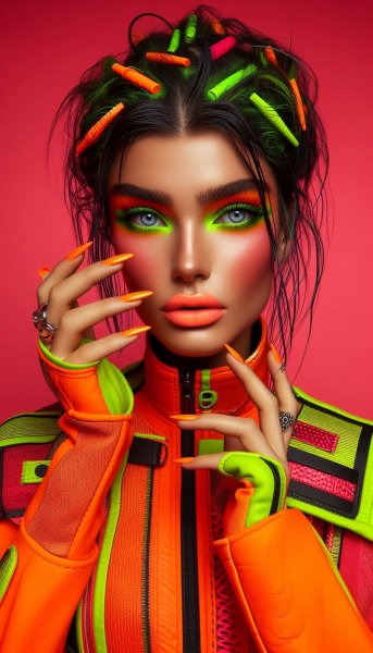 Яркий образ: смелые цвета и современная мода в портрете модели. Картинка из нейросети Dalle
