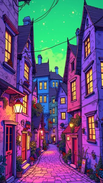 Яркий городок с неоновыми красками и творческим настроением. Картинка из нейронной сети Flux Ai