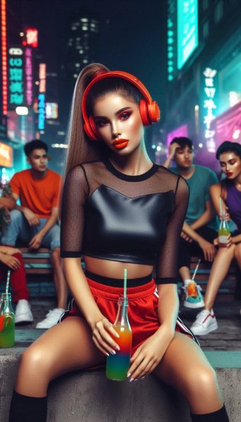 Неоновый вечер: мода, спорт и друзья в сердце большого города. Генерация из нейронной сети Dalle 3