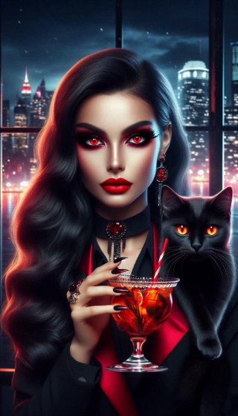 Брюнетка в кожаной куртке и демонический коктейль на ночном городском фоне. Изображение из нейронной сети Dalle-3