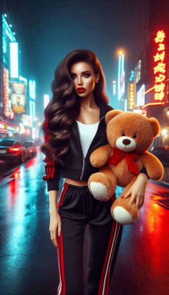 Неоновый вечер: брюнетка с медведем в черном спортивном костюме и яркой помадой. Изображение из нейронной сети Dalle 3