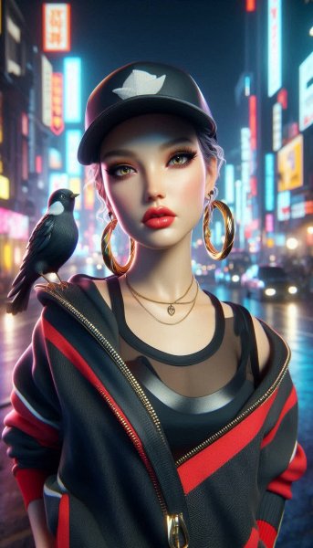 Неоновый город и стильная девушка с яркой птицей. Картинка из нейронной сети Dalle-3