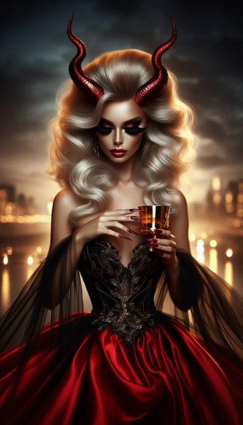 Вечерняя тайна: блондинка в роскошном платье с рогами и золотой чашей. Нейронная сеть Dalle