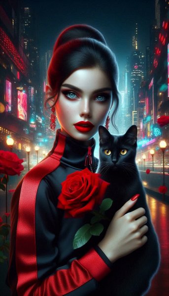 Загадочная красота: ночь, роза и демон в городе. Изображение из нейросети Dalle 3