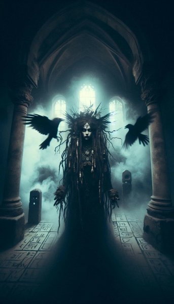 Таинственная обитель шамана в сумрачном тумане. Генерация из нейронной сети Dalle 3