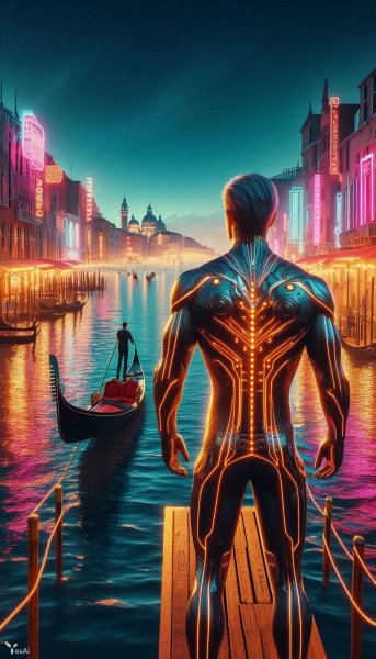Неоновая Венеция будущего: взгляд на залив из биокожуха и латуни. Генерация из нейронной сети Далли 3
