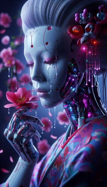 Меланхолия кибер-гэйши: сплав традиций и будущего в цифровом искусстве. Изображение из нейросети Dalle