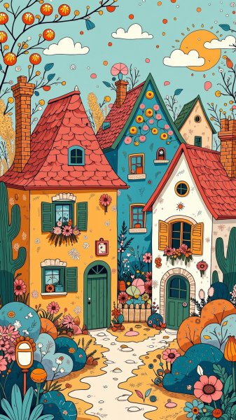 Очарование прибрежных домиков: сказочный мир наивного искусства. Картинка из нейронной сети Flux 1