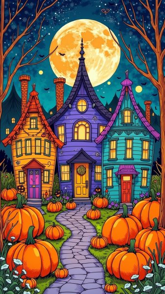 Очаровательные домики на Хэллоуин в сказочном стиле. Генерация из нейронной сети Flux.1
