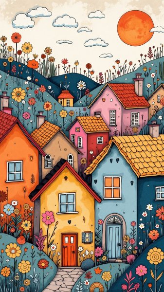 Яркие домики и сказочный сад в наивном стиле. Генерация из нейронной сети Flux Ai