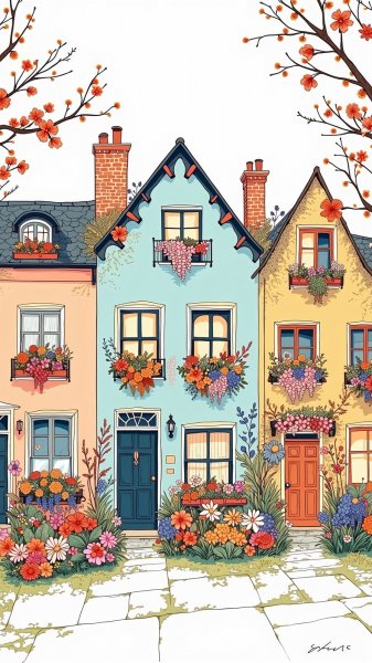 Весенние домики в цветах: наивное искусство и красочные иллюстрации. Генерация из нейросети Flux 1
