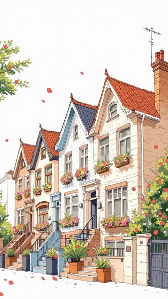 Уютные домики в стиле коттеджкор: акварельные зарисовки и нежные цветы. Картинка из нейронной сети Flux 1