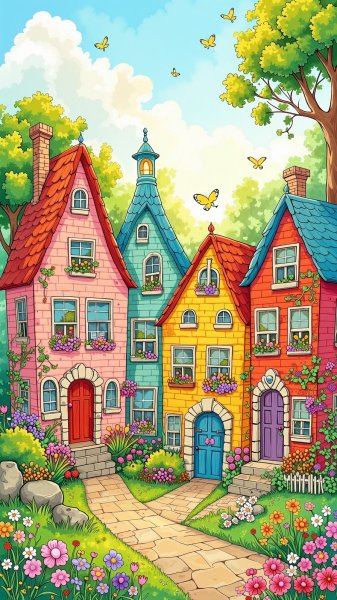 Сказочные домики с цветами в наивном стиле вдохновленные Томасом Кинкейдом. Нейронная сеть Flux 1