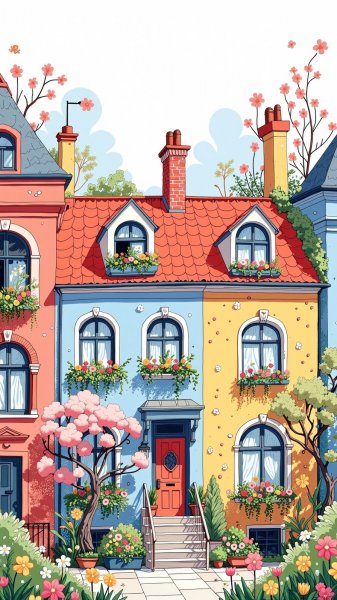 Весенний город: яркая иллюстрация в стиле Анны Гармашовой. Нейросеть Flux Ai