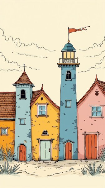 Пляжные домики в стиле наивного искусства и Томаса Кинкейда. Картинка из нейросети Flux 1