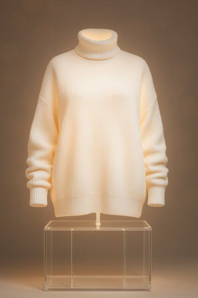 Нежный свет и объем: фото стильного белого свитера с высоким воротником. Картинка из нейронной сети Sora Ai Images