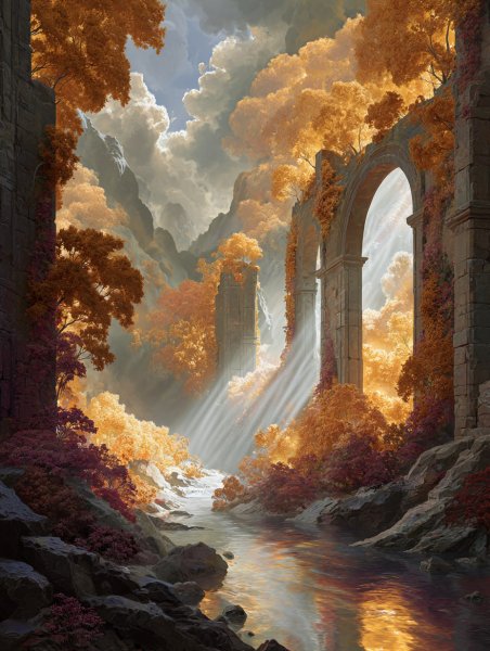 Осеннее волшебство: кристаллы, золото и парящие острова в гиперреализме. Картинка из нейронной сети Midjourney