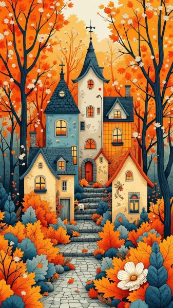 Осенние домики в стиле наивного искусства и вдохновением от Йоханны Басфорд. Картинка из нейросети Flux 1