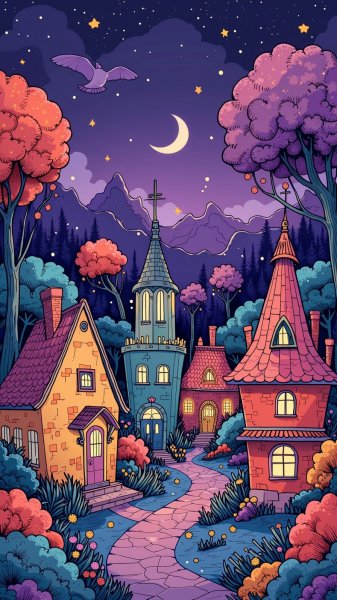 Сказочная деревня под пурпурным небом: волшебные очерки в стиле Томаса Кинкейда. Нейронная сеть Flux.1