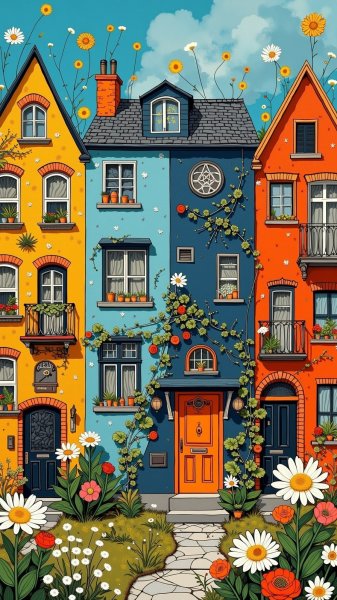Очаровательные домики в наивном стиле с яркими цветами и богатыми деталями. Изображение из нейронной сети Flux.1