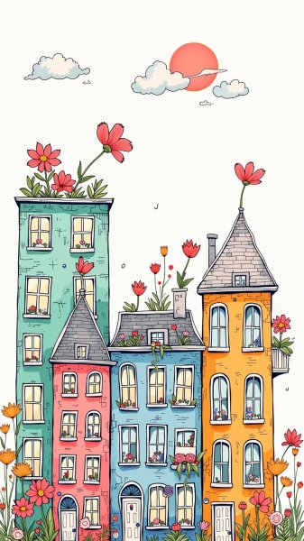 Милые городские домики с цветами на крышах в весенних тонах. Картинка из нейросети Flux