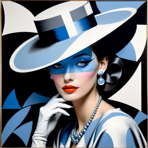 Нежная леди в шляпе: пастельная гамма серо-голубых оттенков и стиль Франка Стеллы. Изображение из нейросети Stable Diffusion