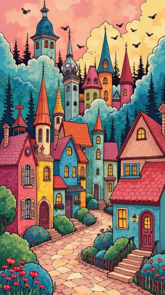 Волшебная улица в наивном стиле Томаса Кинкейда: сказочный городок и яркие дома. Картинка из нейросети Flux 1