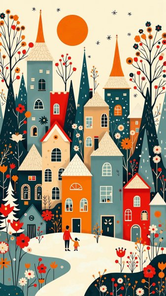 Зимний город в технике фолк-арт: вдохновлено Мауд Льюис. Генерация из нейронной сети Flux Ai