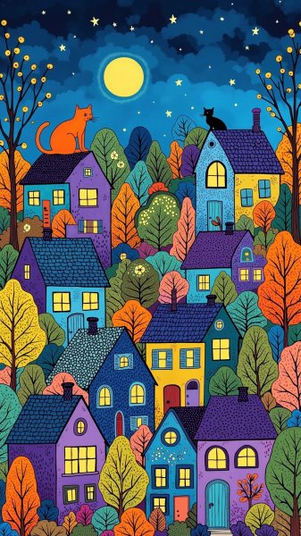 Осенняя деревня в стиле детского искусства Матисса и джентльмена. Изображение из нейронной сети Flux