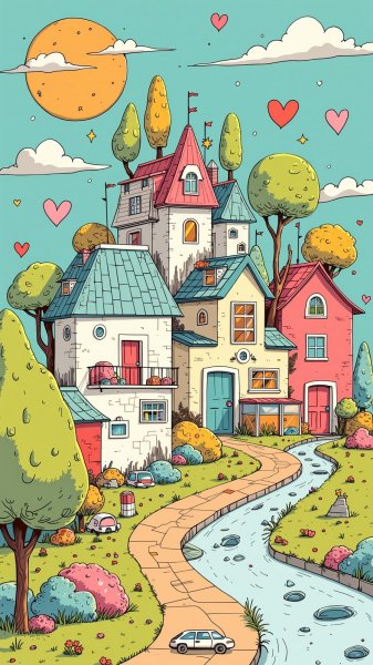 Сказочный мир: милые домики и деревья в ярких тонах. Изображение из нейросети Flux