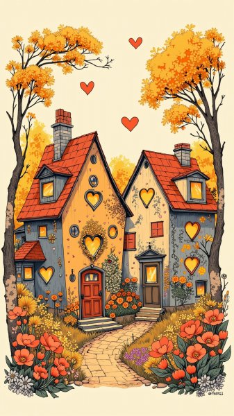 Очаровательная деревня с домами и цветами в теплых тонах. Нейросеть Flux