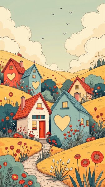 Милые домики с окошками в форме сердечек и цветы. Генерация из нейросети Flux.1