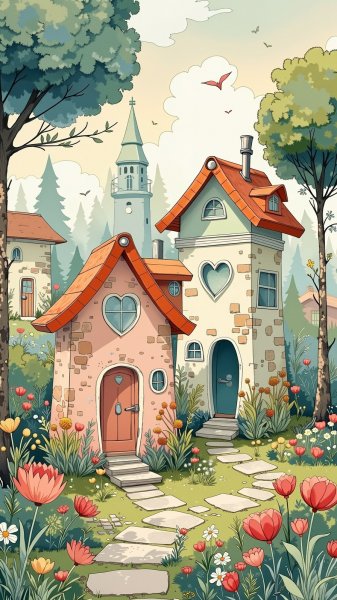 Уютные домики в акварельном стиле с сердцем. Генерация из нейронной сети Flux 1