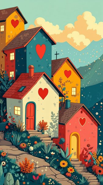 Уютные домики на холме: наивное искусство и тепло домашнего очага. Нейронная сеть Flux 1