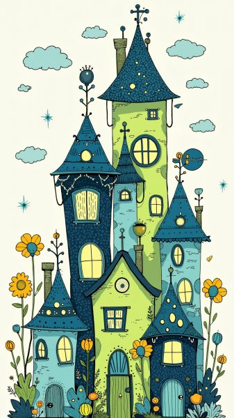 Сказочные домики: акварельные фантазии в сине-зеленых тонах с яркими цветами. Генерация из нейронной сети Flux Ai