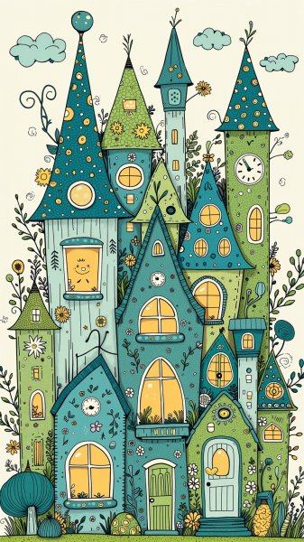 Милые домики в стиле Zentangle: сине-зеленая гармония и радость. Нейронная сеть Flux 1