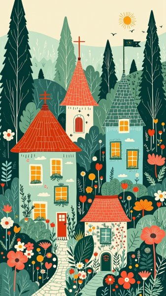 Очаровательные дома в народном стиле с яркими цветами и смелыми контурами. Изображение из нейросети Flux 1