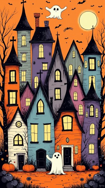 Очаровательные домики на Хэллоуин: призрачный и красочный мир. Картинка из нейронной сети Flux 1